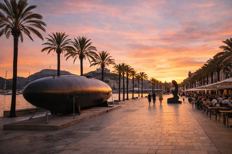 Paseo marítimo de Cartagena con el Submarino Peral y el puerto al atardecer