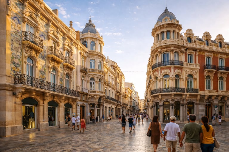 Fachadas modernistas de la Calle Mayor de Cartagena con balcones ornamentados